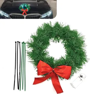 1 PC Car Grille Christmas Wreath Pendant, Bow Wreath with LED Light Strip, Personalized Car Decoration Lighting Accessory, Universal for Cars, SUVs, Trucks (Multicolored)