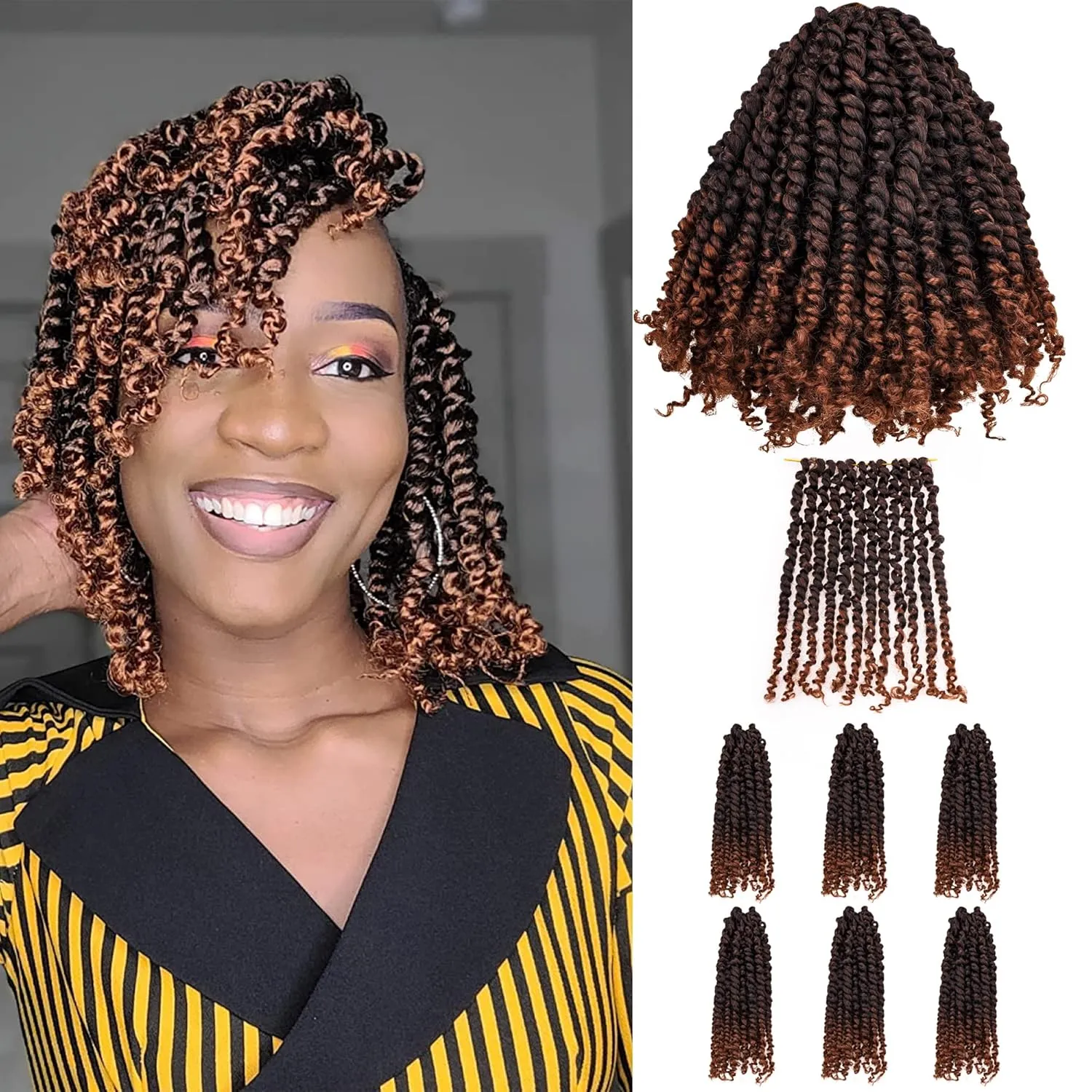 10 Inches 7 Packs Pre Looped Pretwisted Passion Twist Crochet Hair for Black Women and Kids-Ombre Brown,Soft Hair Extensions Braided by Synthetic Spring Kinky Twist Bohemian Curl(10"-7 Packs,T1B/30)