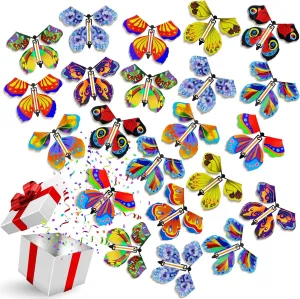 100 Pcs Magical Flying Butterfly Colorful Wind up Butterfly Rubber Band Powered Greeting Box Surprise Gift, 10 Styles