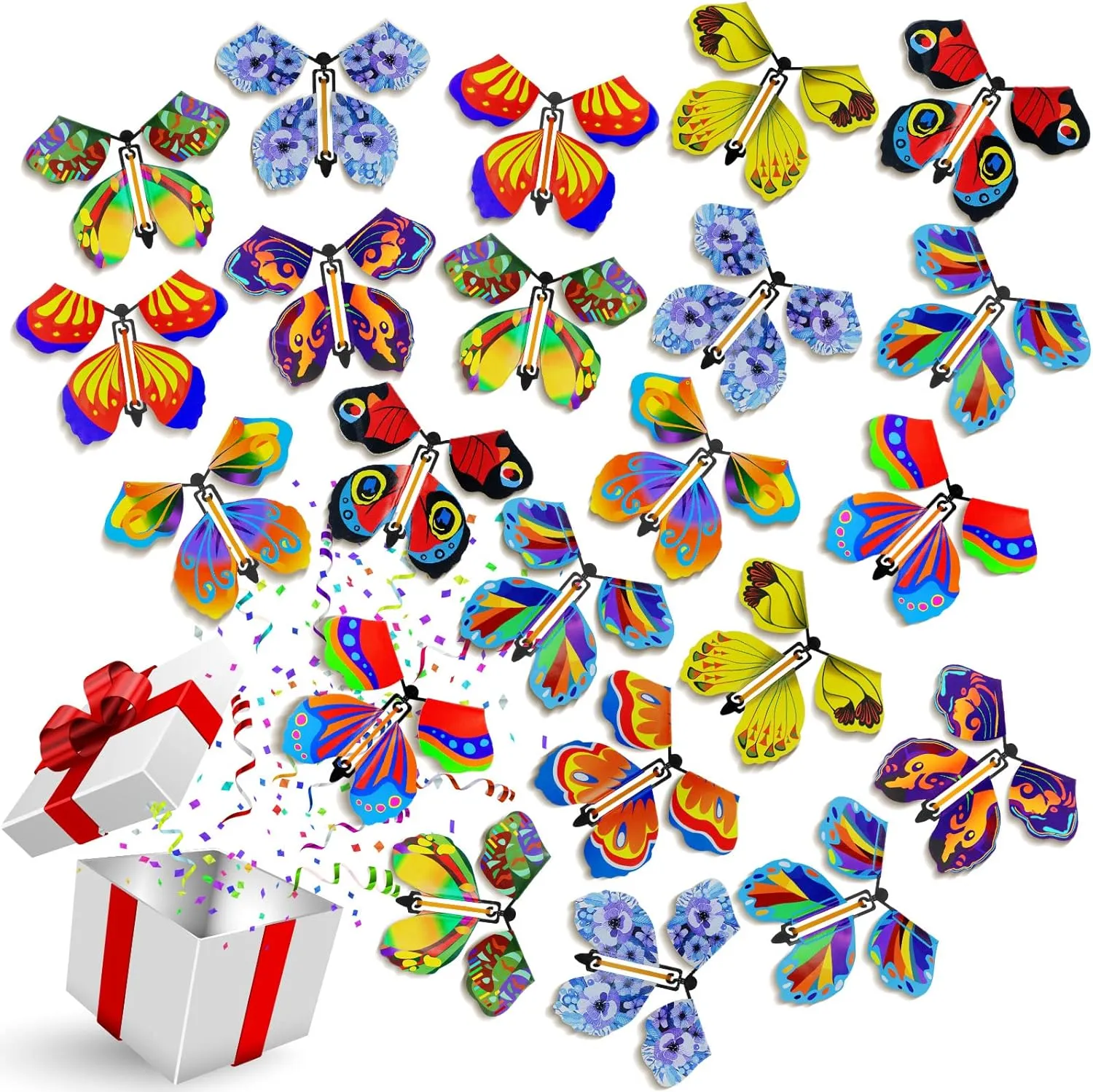 100 Pcs Magical Flying Butterfly Colorful Wind up Butterfly Rubber Band Powered Greeting Box Surprise Gift, 10 Styles