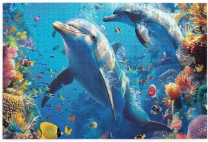 1000 Piece Wooden Jigsaw Puzzle for Adults - Dolphins Fish Coral Reefs Sea Underwater Colorful Puzzle, Impossible Challenging Difficult Puzzles,