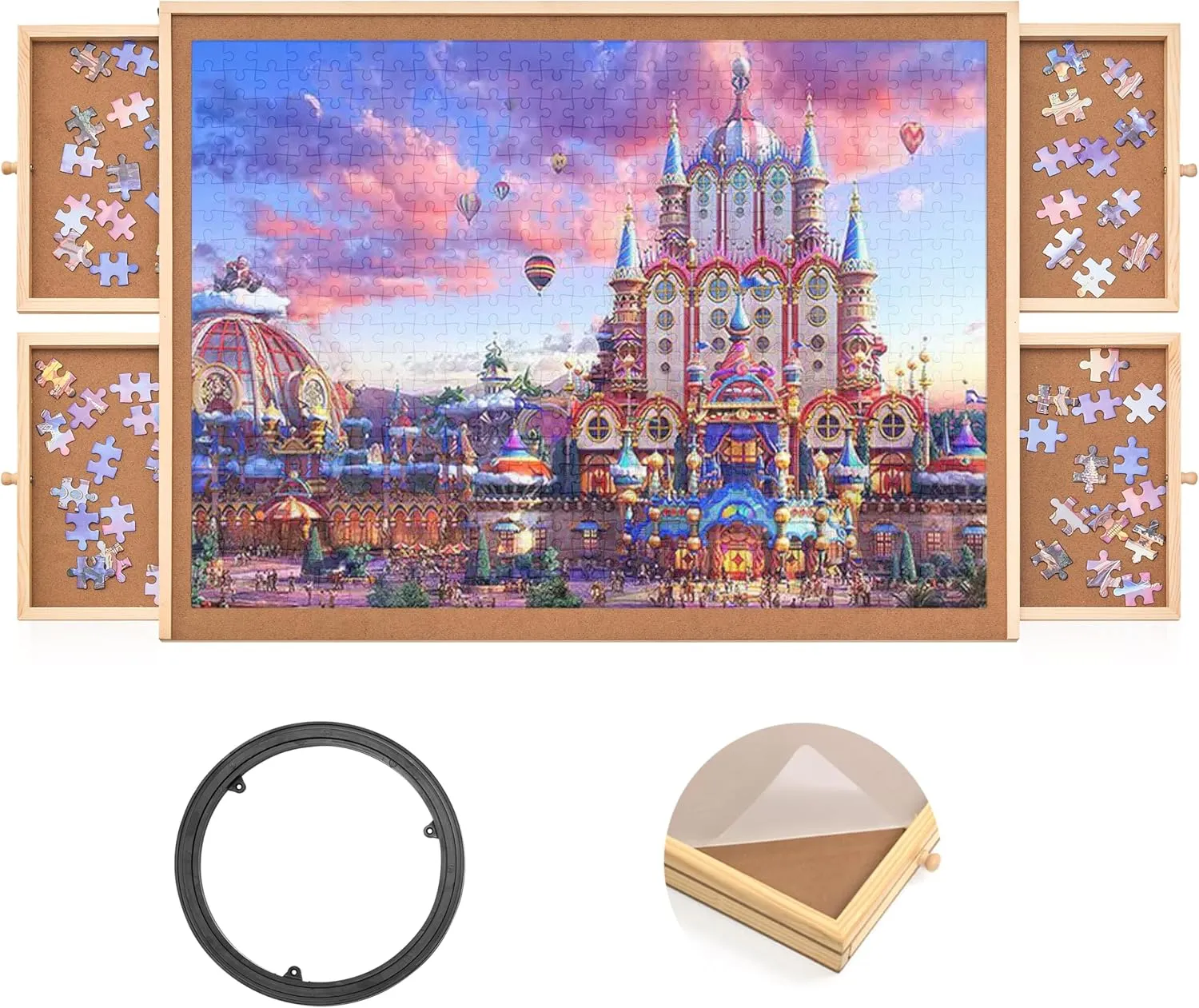 1000 Piece Wooden Jigsaw Puzzle Table - 4 Drawers, Rotating Puzzle Board | 30” X 22” Jigsaw Puzzle Board | Puzzles Cover Included - Portable Puzzle Tables for Adults and Kids