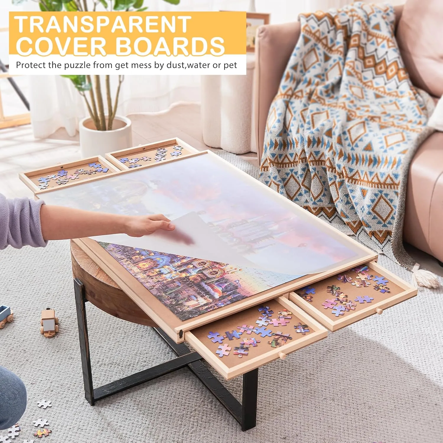 1000 Piece Wooden Jigsaw Puzzle Table - 4 Drawers, Rotating Puzzle Board | 30” X 22” Jigsaw Puzzle Board | Puzzles Cover Included - Portable Puzzle Tables for Adults and Kids