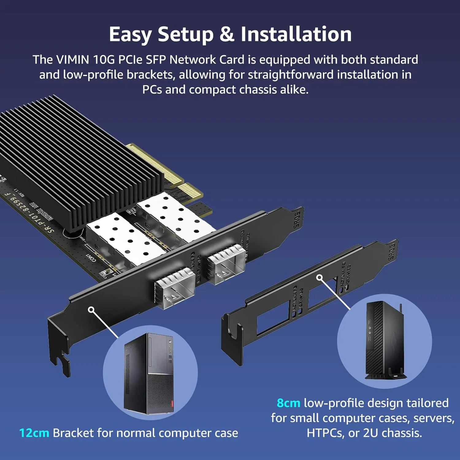10Gb SFP  PCIe NIC Network Card with Dual 10Gbps SFP  Port, Intel 82599(X520-DA2) Chip, VIMIN 10G Ethernet LAN Adapter Support Windows7/8/10/11/Linux/VMware, Compatible with PCI Express X8 & X16