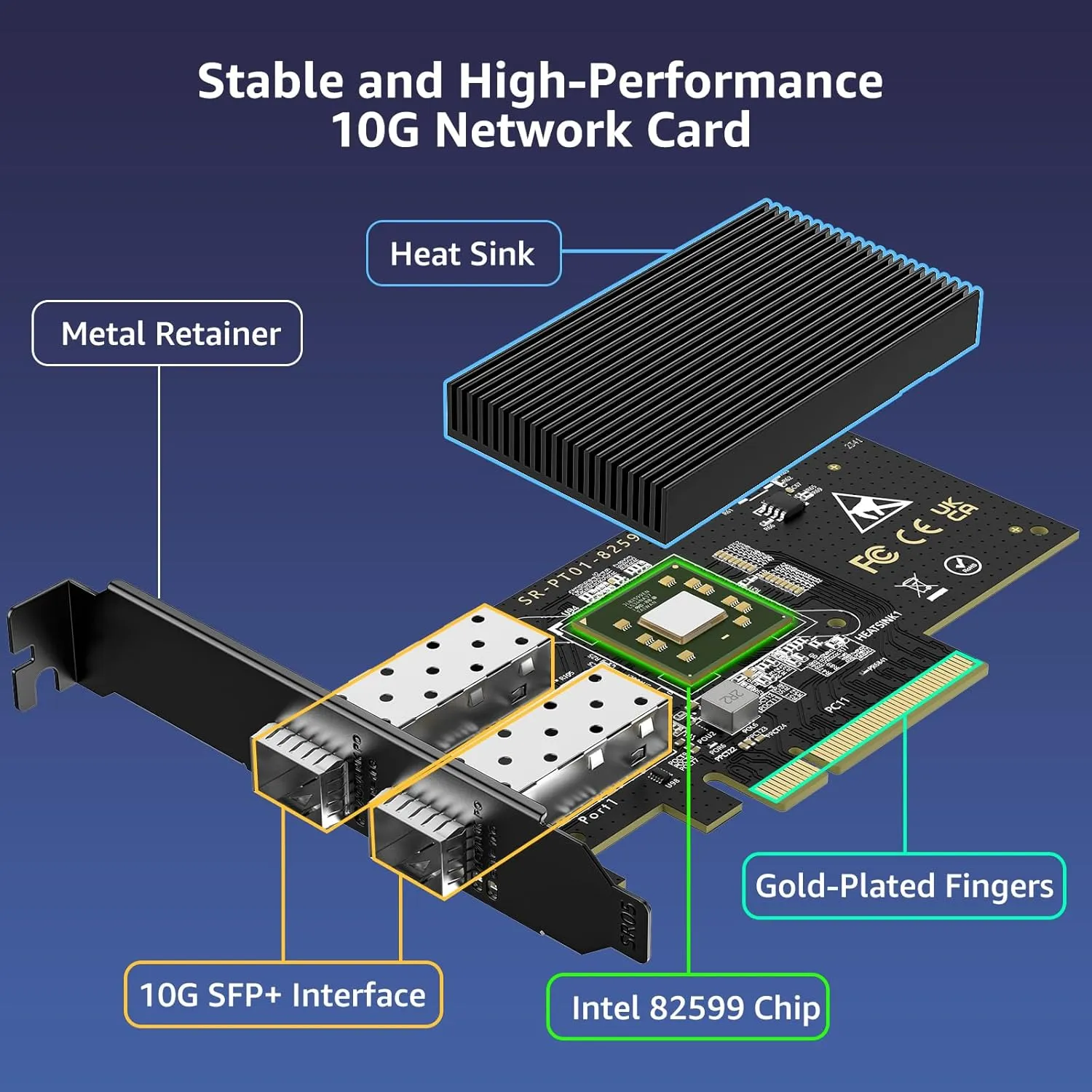 10Gb SFP  PCIe NIC Network Card with Dual 10Gbps SFP  Port, Intel 82599(X520-DA2) Chip, VIMIN 10G Ethernet LAN Adapter Support Windows7/8/10/11/Linux/VMware, Compatible with PCI Express X8 & X16