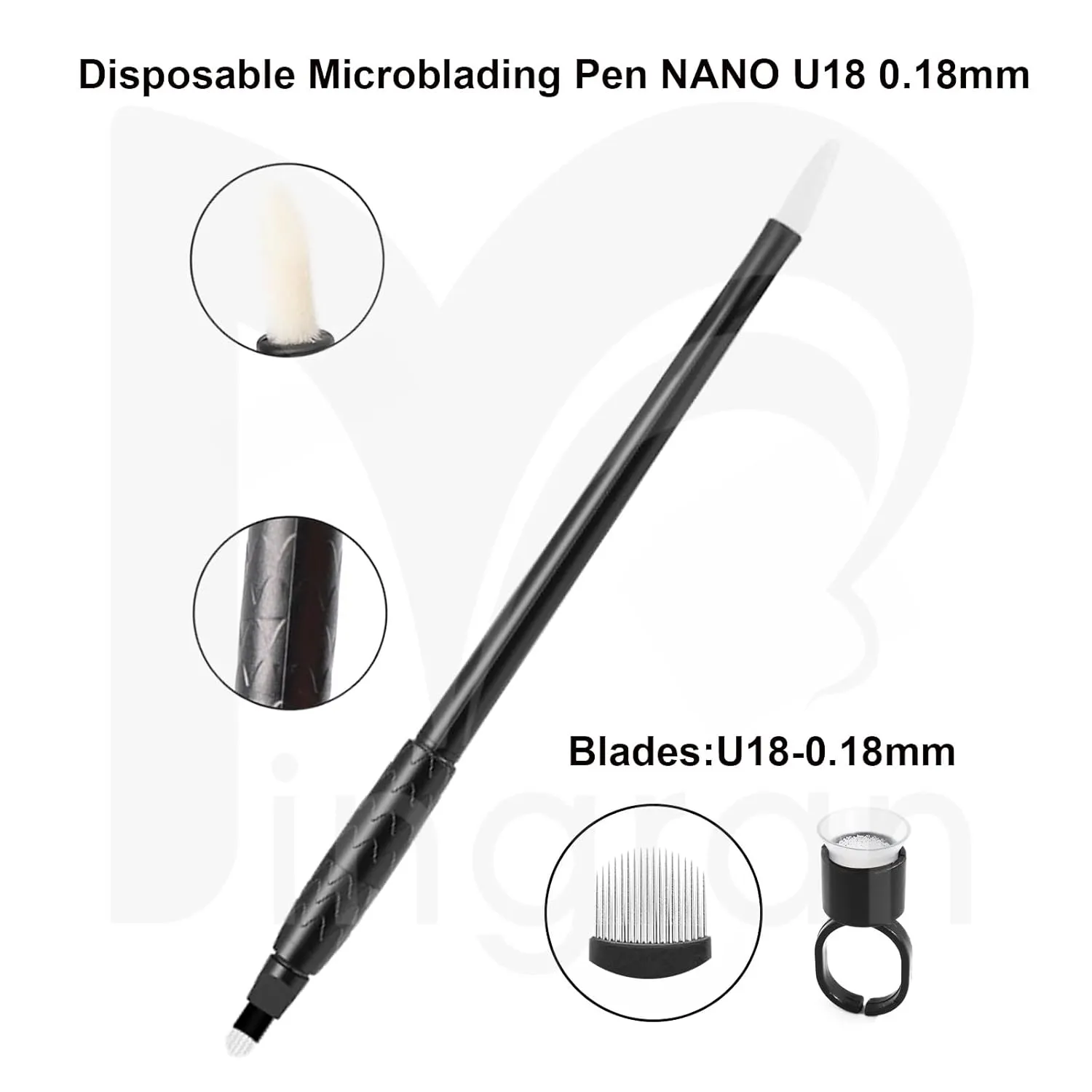 10pcs Disposable Microblading Pen Nano 0.18mm Blades with Pigment Sponge and Ring Disposable Sterile Microblades (U18 Nano 0.18mm)