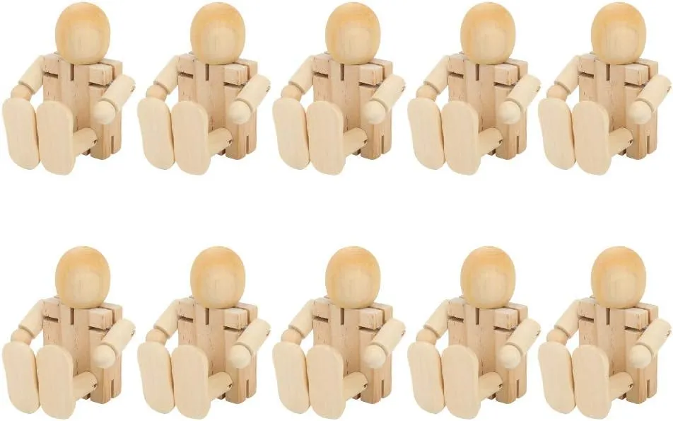 10PCS Toy People Set Unfinished Wood Toys Wooden Craft People Figures Unfinished Wooden Figures Kit Joint Adjustables Robot Paintable Childrens Early Learning Doll Toy Home Decoration