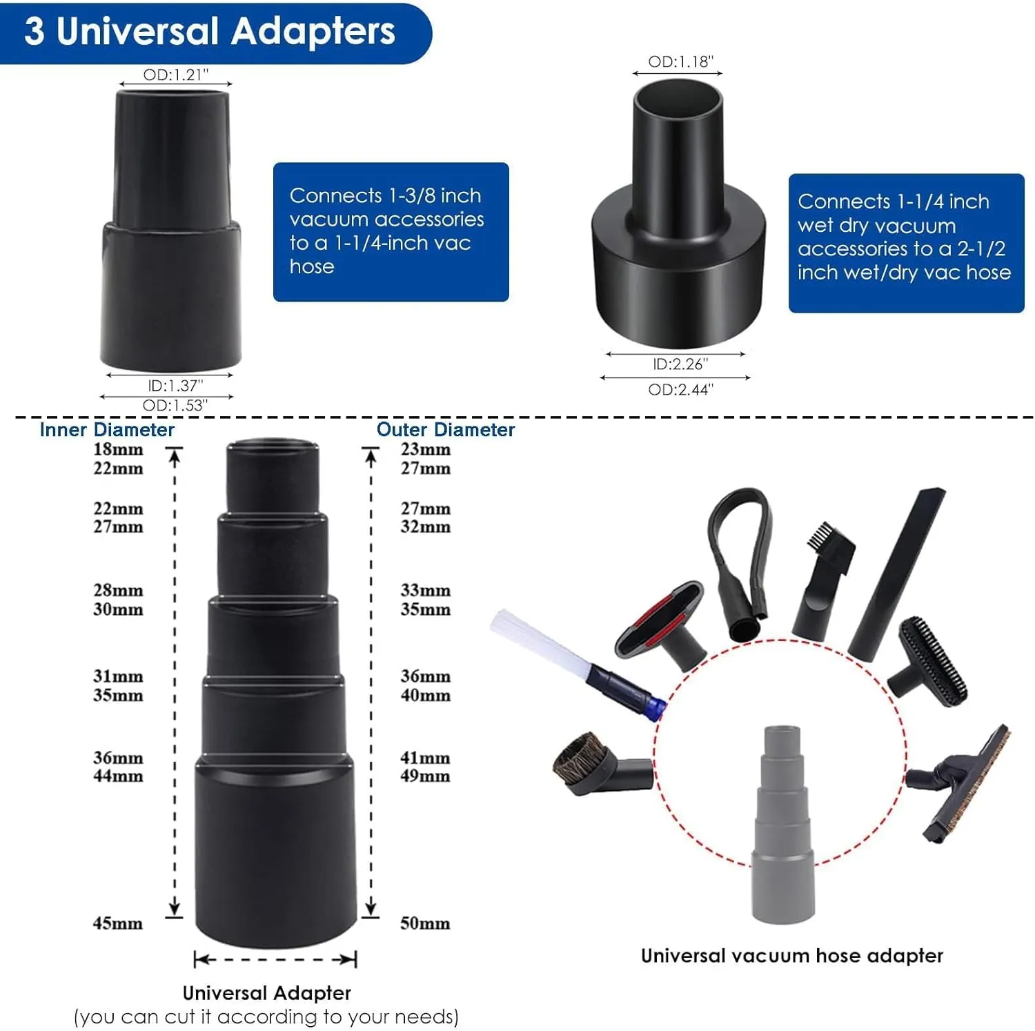 11 PCS Universal 1 1/4 Inch Vacuum Attachments Kit for Shop Vac Accessories with Vacuum Brush Attachments, Flexible Crevice Tool, Hose Adapters for 2 1/2" to 1 1/4" and 1 7/8" to 1" Hoses