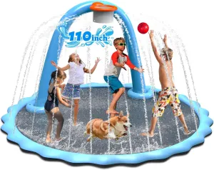 110'' Splash Pad with Ball, Basketball Hoop & Arch, Outdoor Water Mat for Kids, Dogs & Adults, Non-Slip Thickened Sprinkler Pad for Backyard Summer Fun