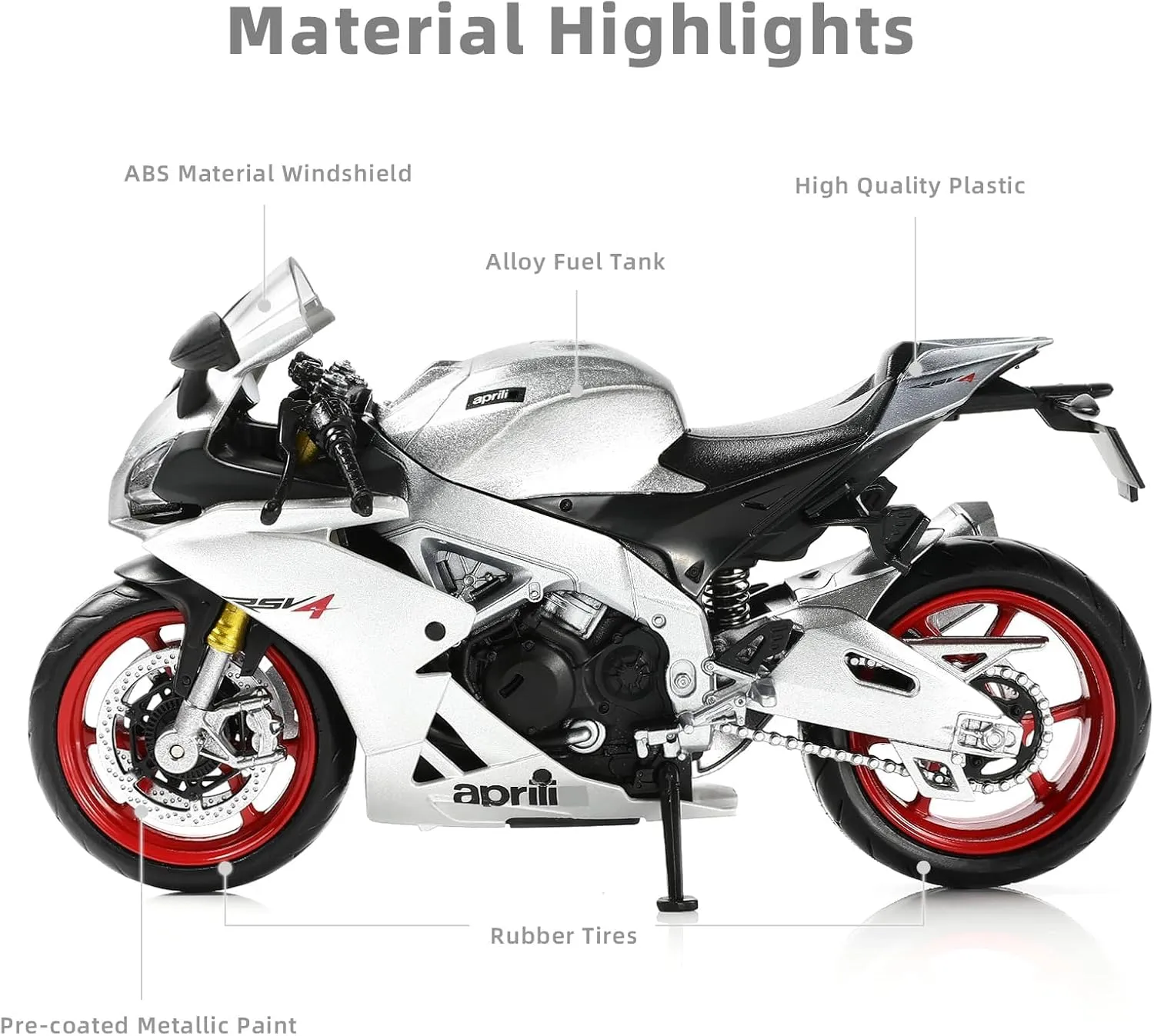 1:12 Motorcycle Model Toy for Aprilia RSVA RR1000 Metal Die-cast with Plastic Motorcycle Model No Assembly Required Mini Finished Moto Gift for Adult（Silver）