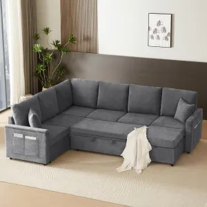 112'' Sectional Sleeper Sofa with Pull Out Bed, 8 Storages U Shaped 7 Seater Modular Sectional Sofa Comfy Sectional Couches for Living Room, Pet-Friendly Couch Bed (Linen, Grey