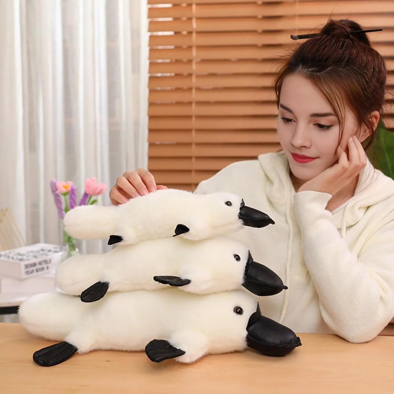12 Inch Long Fluffy Realistic Look Stuffed Platypus Animal Soft Plush Platypus Figure Toys Kawaii Platypus Plushies Duckbill Gift for Kids and Lovers (White)