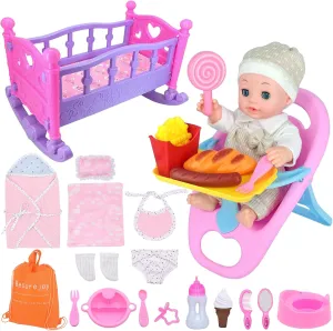 12'' Reborn Baby Doll Care Playset with High Chair, Crib Bed, Swaddle,Blanket, Pacifier, Bib,Diaper,Feeding Accessories and Backpack. 26 PCS Kids Pretend Play Toy Gifts Set for Girls Ages 3 