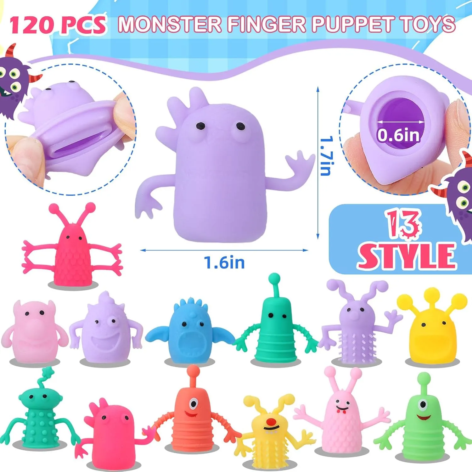 120 PCS Finger Puppets Toys Cute Monster Finger Puppets Soft Rubber Stretchy Fidget Doll Toys for Role Playing Birthday Kids Party Favors, 14 Random Styles
