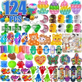 124 PCS Pop Party Favors for Kids, Fidget Treasure Box Toys for Classroom, Pinata Filler, Treasure Chest Carnival Prizes, Goodie Bag Stuffers, Prize Box Bulk Toys for Boys Girls 4-8-12