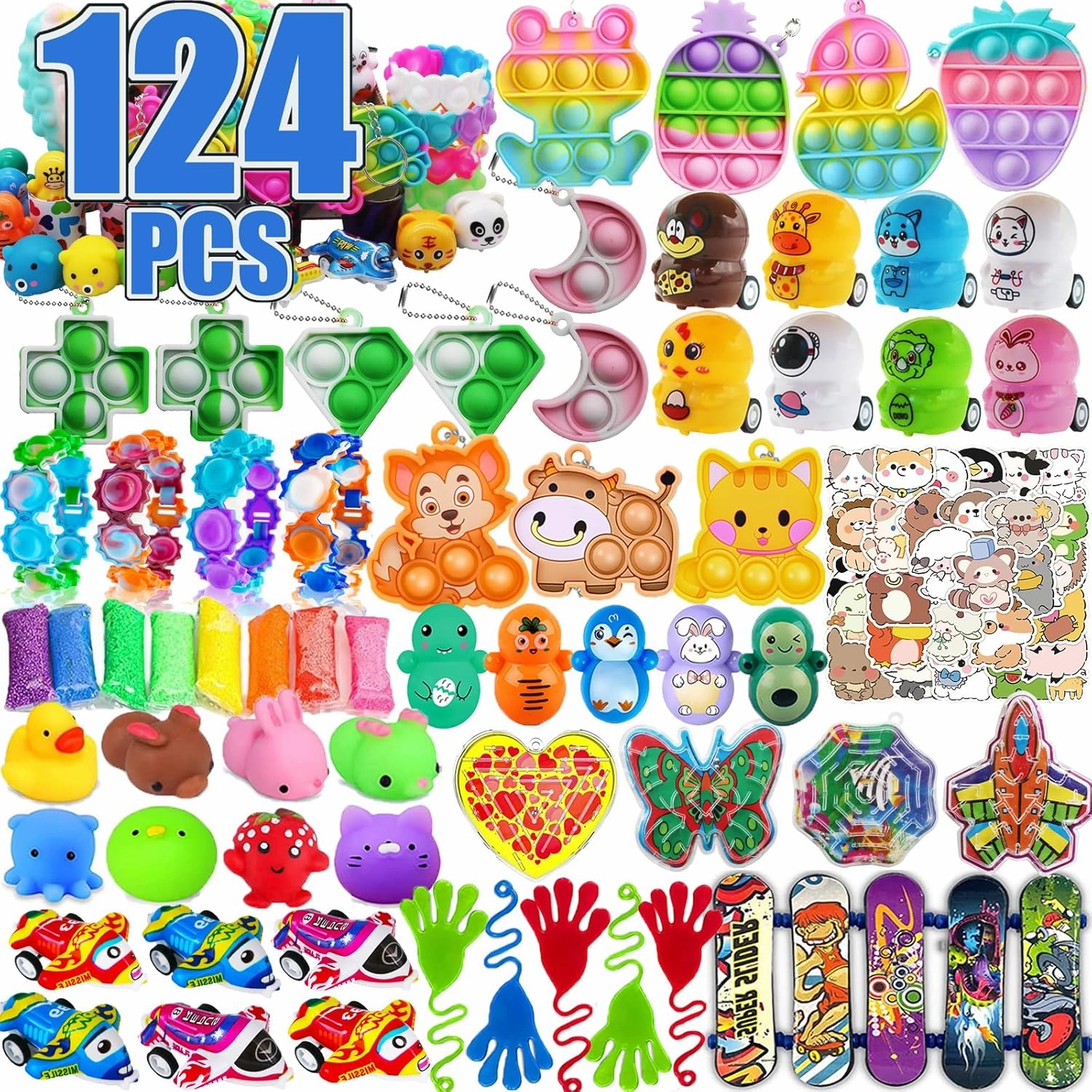 124 PCS Pop Party Favors for Kids, Fidget Treasure Box Toys for Classroom, Pinata Filler, Treasure Chest Carnival Prizes, Goodie Bag Stuffers, Prize Box Bulk Toys for Boys Girls 4-8-12