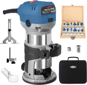 1.25HP Wood Router Tool, 6.5Amp Electric Trim Router, 6 Variable Speed Compact Palm Router Woodworking with 1/4" & 3/8" Collets, 12 Wood Router Bits and Portable Bag -DBTR700B