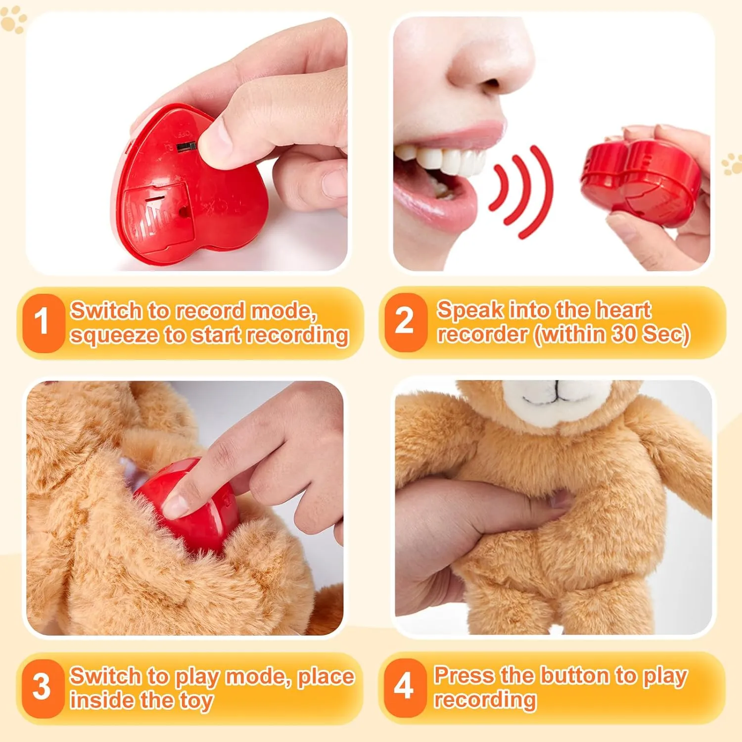 12" Heartbeat Recordable Teddy Bear,Voice Recorder Plush Toy Stuffed Animal Soft Fuzzy Doll Gifts Messages Recording Playback for Kids Birthday Children's Day