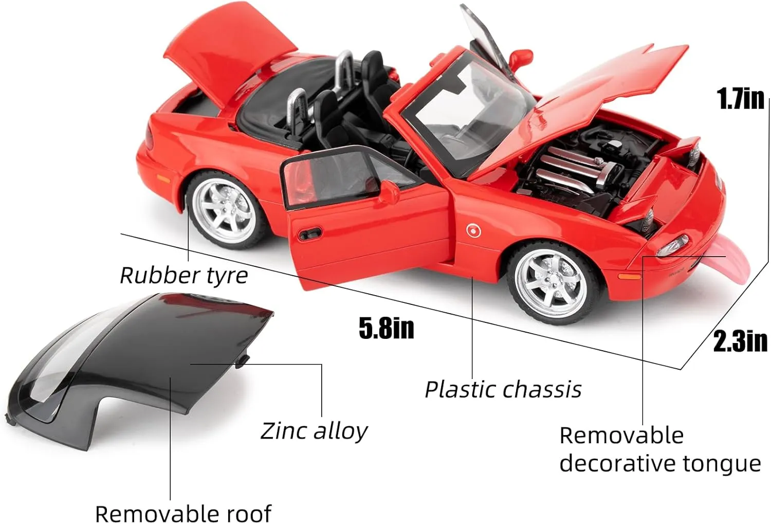 1/32 Mazda Miata MX-5 Alloy Model Car, Toy Car with Pullback, Removable Top, Blinking Lights, Toy Car with Sound and Bright Lights, Collectible Grade Gift for Kids (Red)