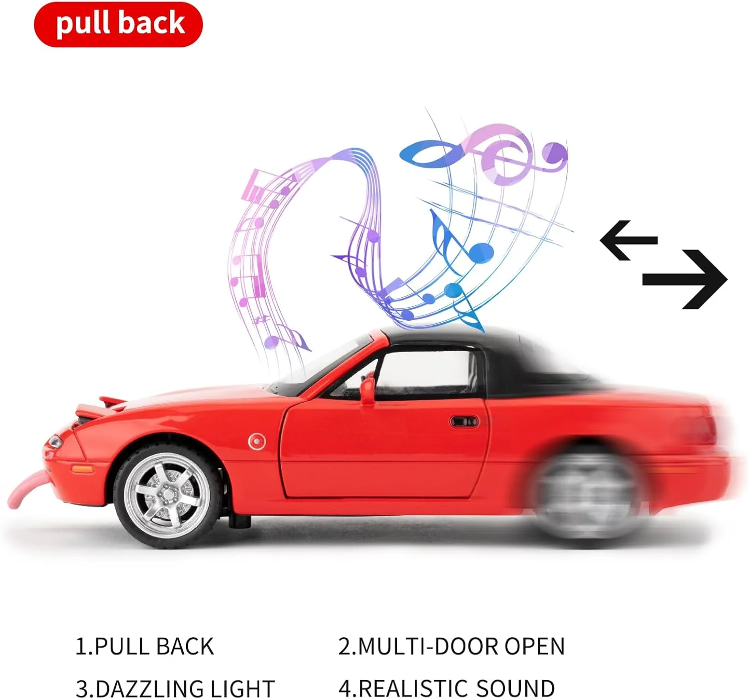 1/32 Mazda Miata MX-5 Alloy Model Car, Toy Car with Pullback, Removable Top, Blinking Lights, Toy Car with Sound and Bright Lights, Collectible Grade Gift for Kids (Red)