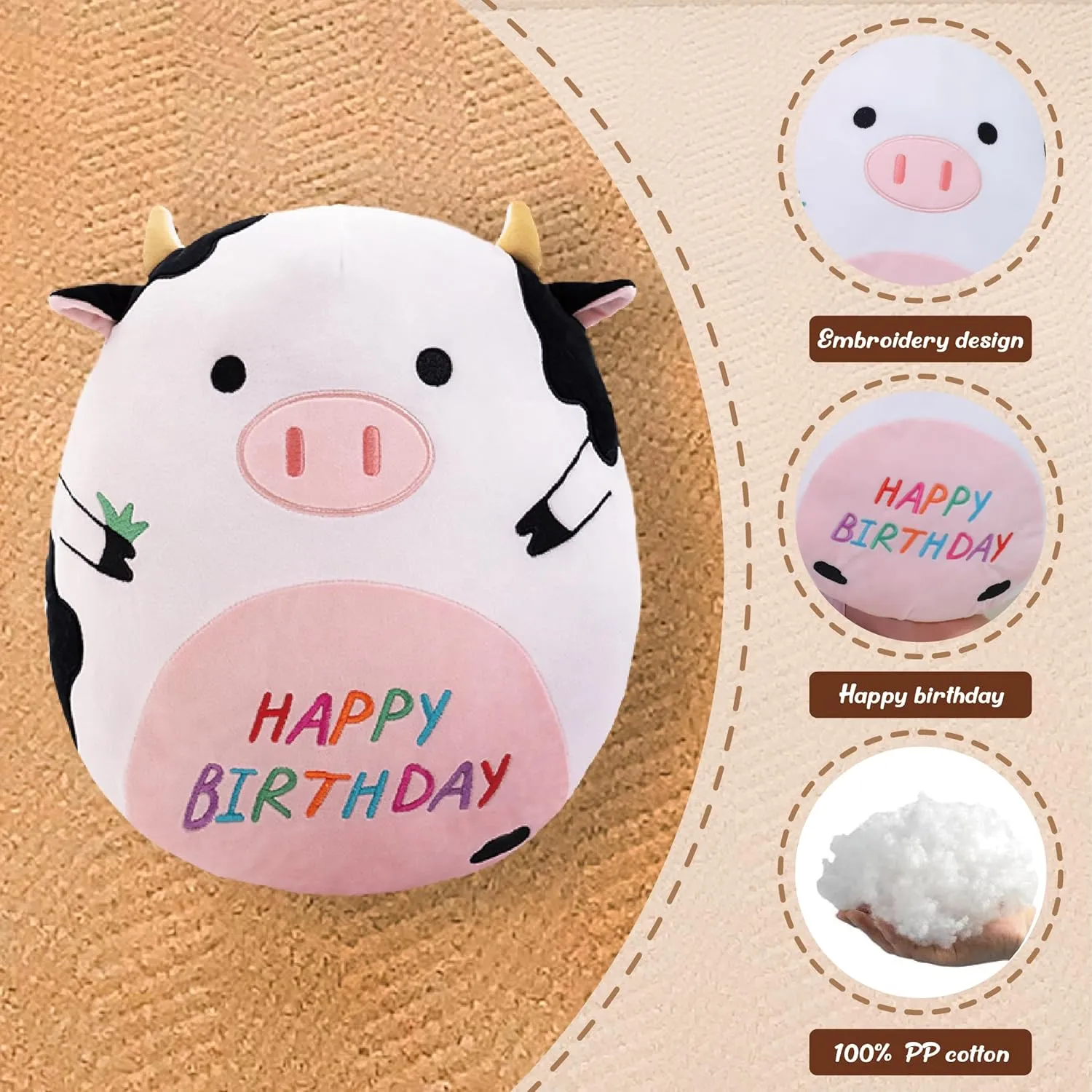 14.5" Birthday Cow Plush Pillow Black Cow Stuffed Animal Cute Soft Body Pillow Hugging Doll Toy Home Happy Birthday Decoration Gifts for Kids Girls and Boys