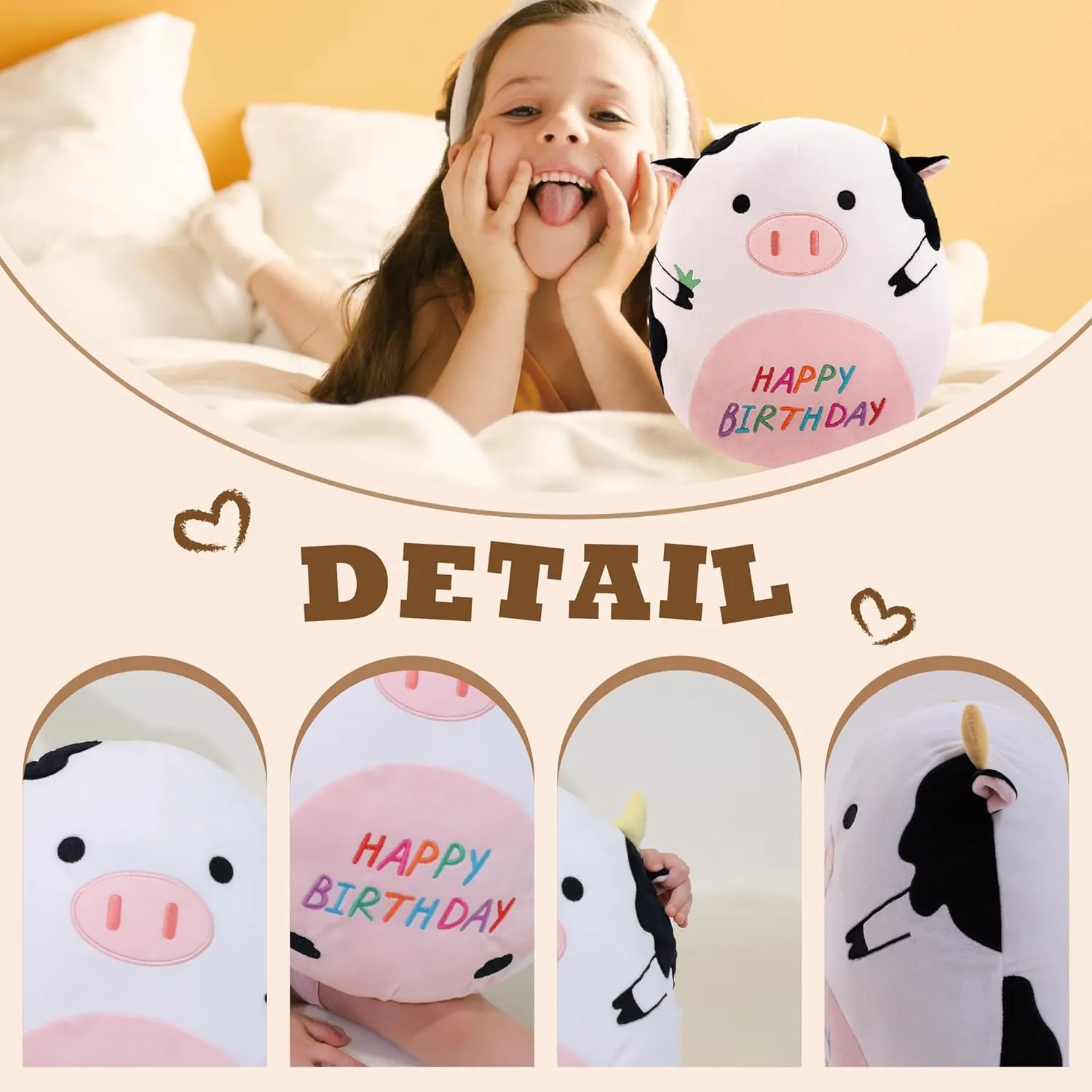 14.5" Birthday Cow Plush Pillow Black Cow Stuffed Animal Cute Soft Body Pillow Hugging Doll Toy Home Happy Birthday Decoration Gifts for Kids Girls and Boys