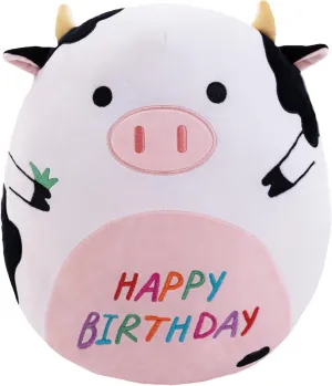 14.5" Birthday Cow Plush Pillow Black Cow Stuffed Animal Cute Soft Body Pillow Hugging Doll Toy Home Happy Birthday Decoration Gifts for Kids Girls and Boys