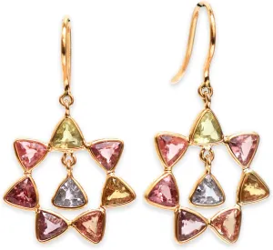 14K Solid Gold Multi Sapphire Drop Earrings for Women - Trillion Cut Natural Gemstones - Dangle Earrings with Ear Wire - Handmade Lightweight Fine Jewelry Gift