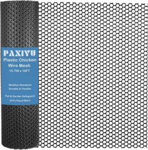 15.7IN x 10FT Black Plastic Chicken Wire Mesh Roll - Durable Plastic Mesh Fence for Poultry, Dogs, Rabbits, Garden & Snake Barrier - Easy to Cut & Install with 14 Zip Ties