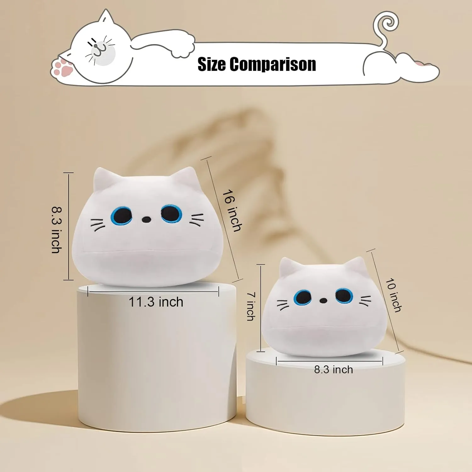 16” White Cat Plush Toys, Cute Cat Pillow Soft Baby Plushies for Kids, Cat Stuffed Animals Kawaii Plush Toys Gift for Boys Girls (White, 16 Inch)
