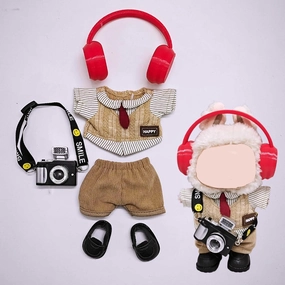 17cm Cute Monster Doll Clothes Set - Fantasy Elf Outfits for 6.7" Vinyl Dolls, Rainbow & Sitting Party Style, Kawaii Overalls   Top (Clothes Headphones Camera Shoes)