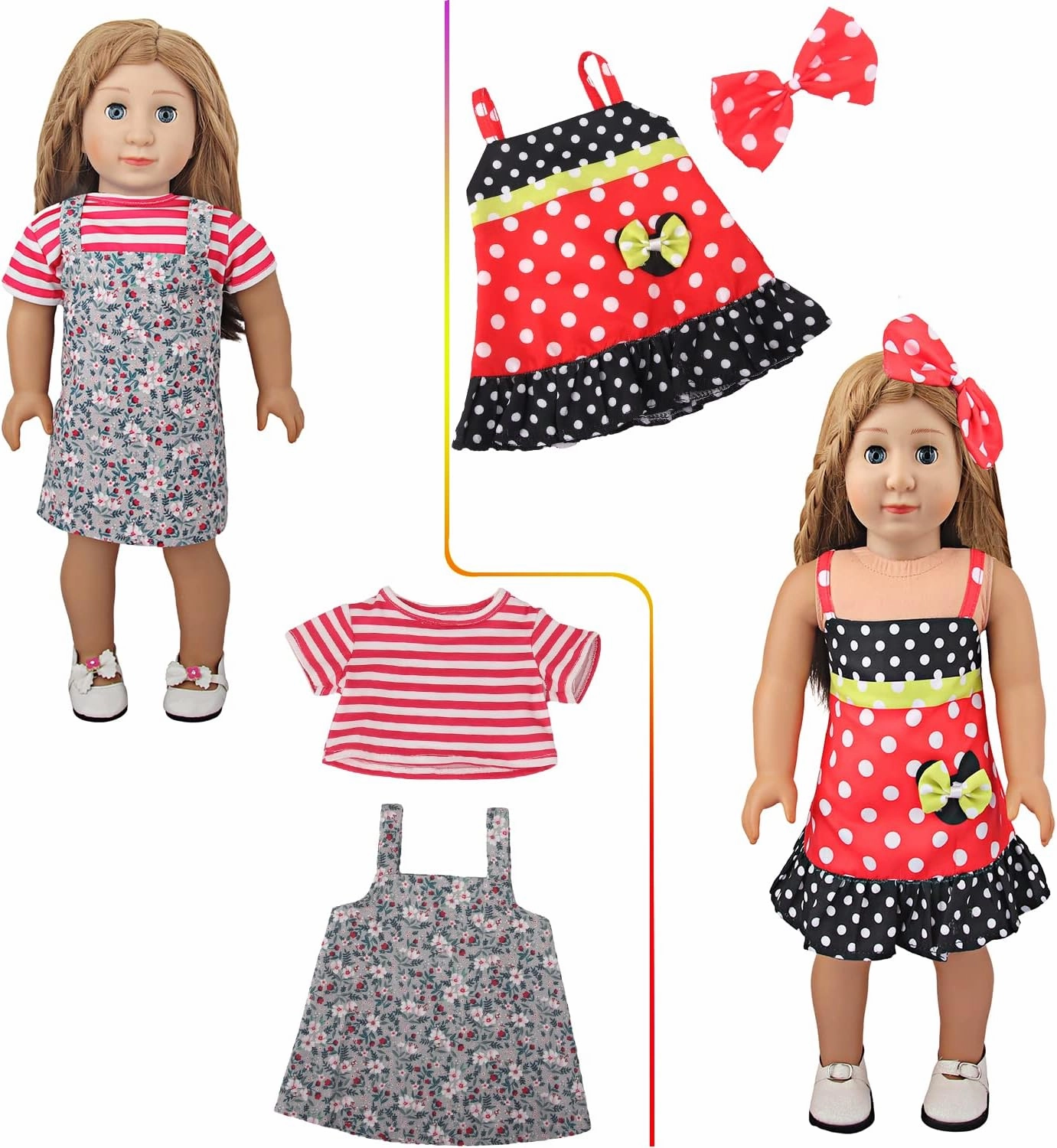 18 Inch Doll Clothes 7 Sets,6 Dress Up Doll Outfits   1 Doll Pajama Set with Shoes & Doll Hair Accessories,Mix & Match Pretend Play Costumes Gift for Girls (Fits Most 17-18 Inch Dolls) 11 Pieces