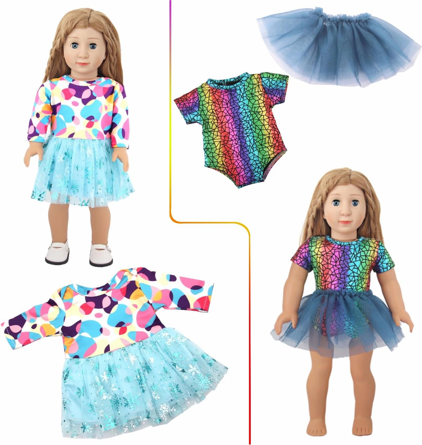 18 Inch Doll Clothes 7 Sets,6 Dress Up Doll Outfits   1 Doll Pajama Set with Shoes & Doll Hair Accessories,Mix & Match Pretend Play Costumes Gift for Girls (Fits Most 17-18 Inch Dolls) 11 Pieces