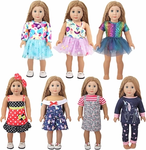 18 Inch Doll Clothes 7 Sets,6 Dress Up Doll Outfits   1 Doll Pajama Set with Shoes & Doll Hair Accessories,Mix & Match Pretend Play Costumes Gift for Girls (Fits Most 17-18 Inch Dolls) 11 Pieces