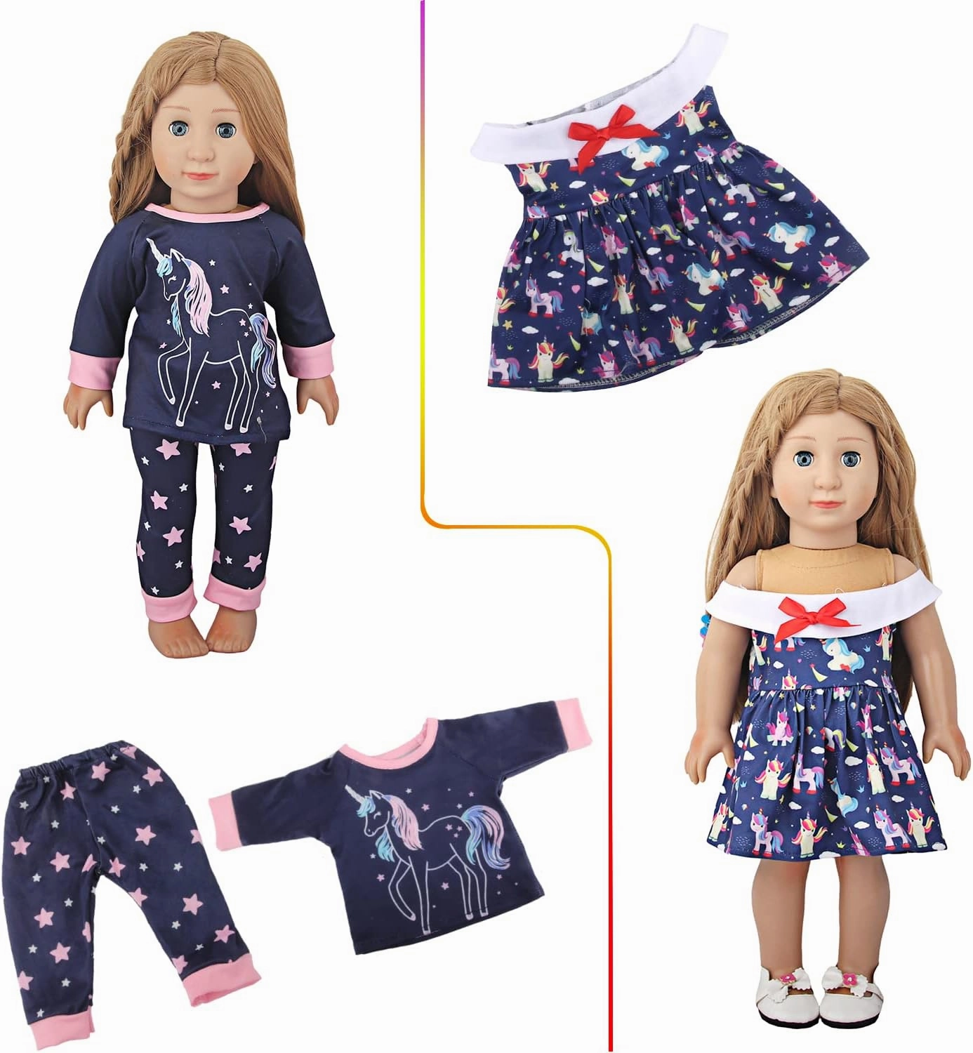 18 Inch Doll Clothes 7 Sets,6 Dress Up Doll Outfits   1 Doll Pajama Set with Shoes & Doll Hair Accessories,Mix & Match Pretend Play Costumes Gift for Girls (Fits Most 17-18 Inch Dolls) 11 Pieces