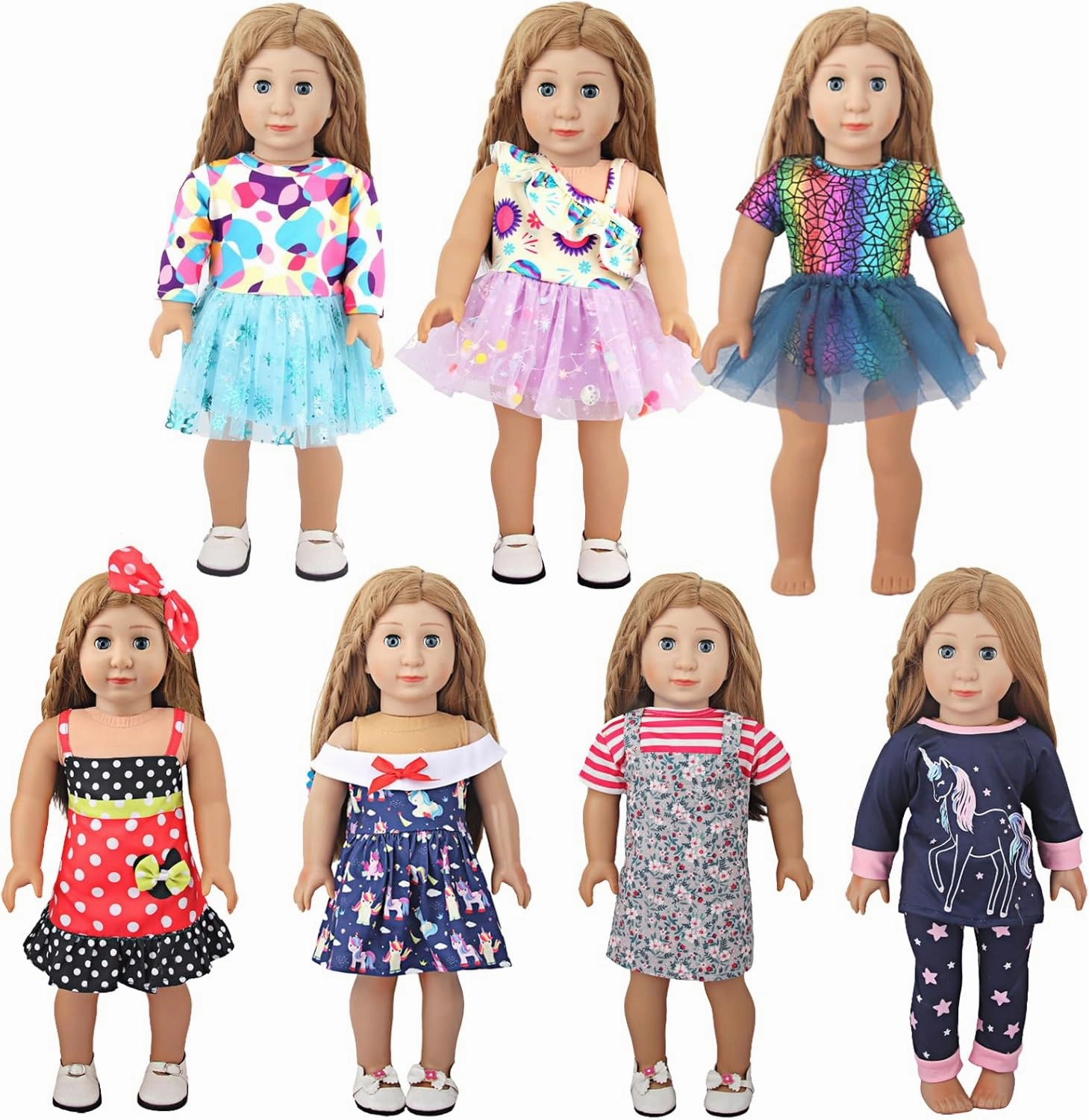 18 Inch Doll Clothes 7 Sets,6 Dress Up Doll Outfits   1 Doll Pajama Set with Shoes & Doll Hair Accessories,Mix & Match Pretend Play Costumes Gift for Girls (Fits Most 17-18 Inch Dolls) 11 Pieces