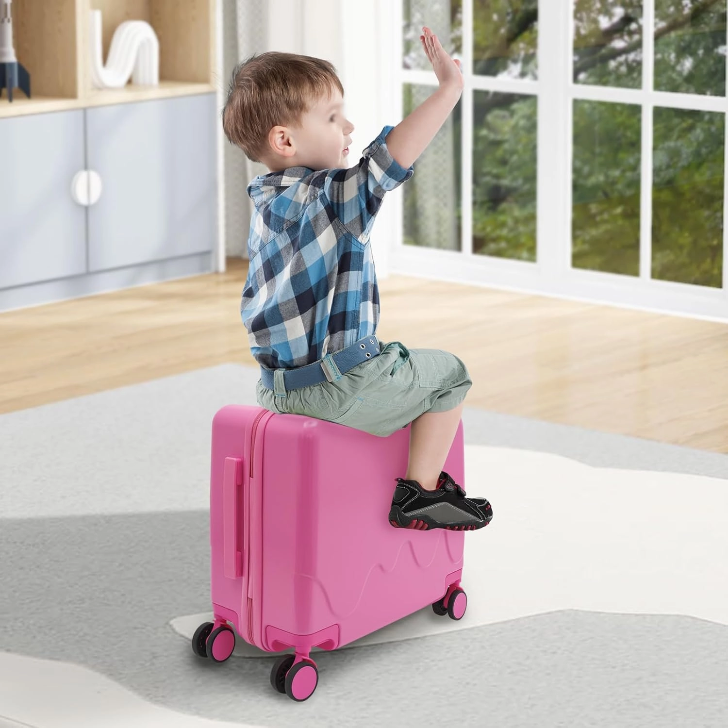 18" Kids Carry On Luggage, Ride-On Kids' Suitcase with Double Spinner Wheels, Cute Lightweight Tow-Along Luggage with Password Lock, Children's Trolly Case for Travel Study Tours (Pink)
