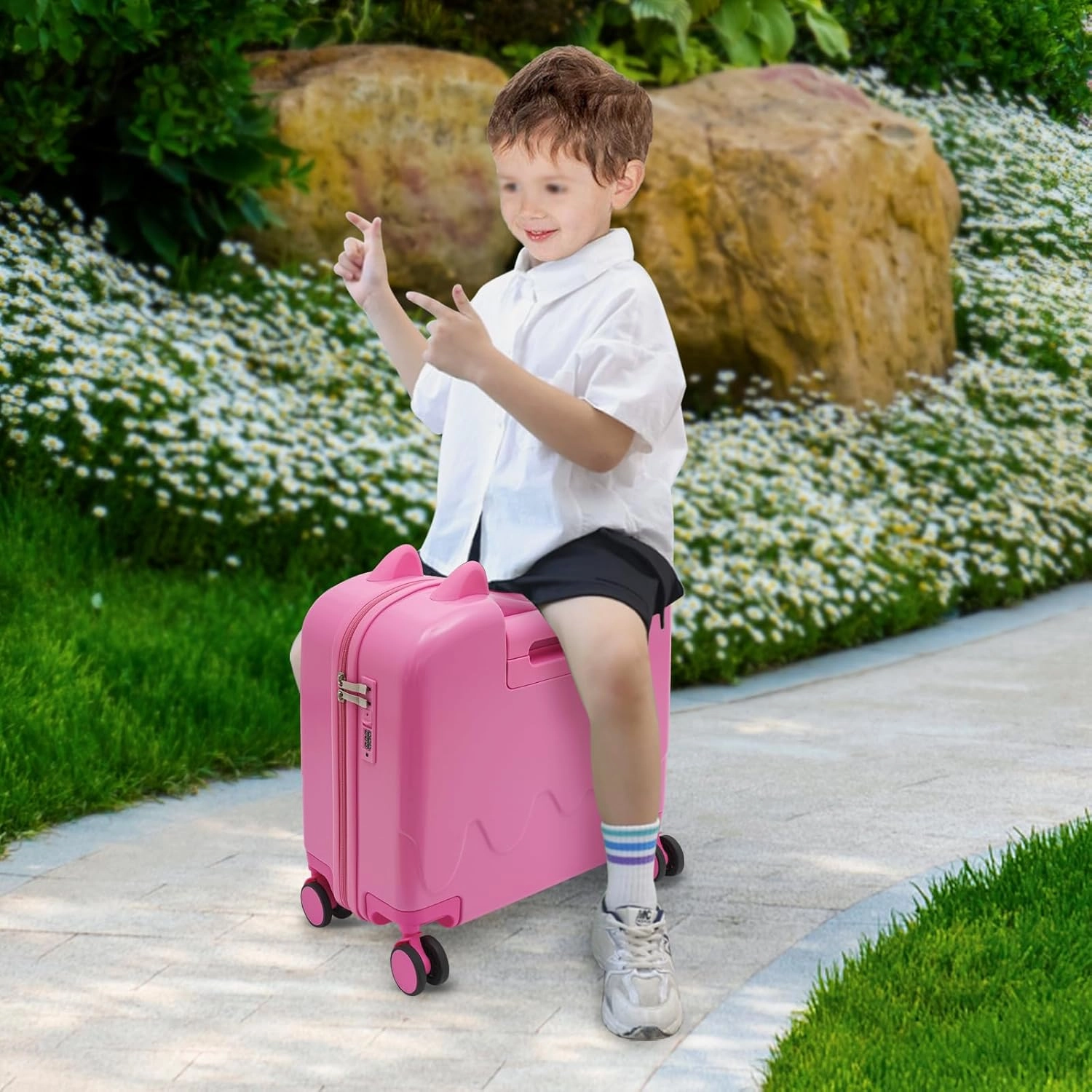 18" Kids Carry On Luggage, Ride-On Kids' Suitcase with Double Spinner Wheels, Cute Lightweight Tow-Along Luggage with Password Lock, Children's Trolly Case for Travel Study Tours (Pink)