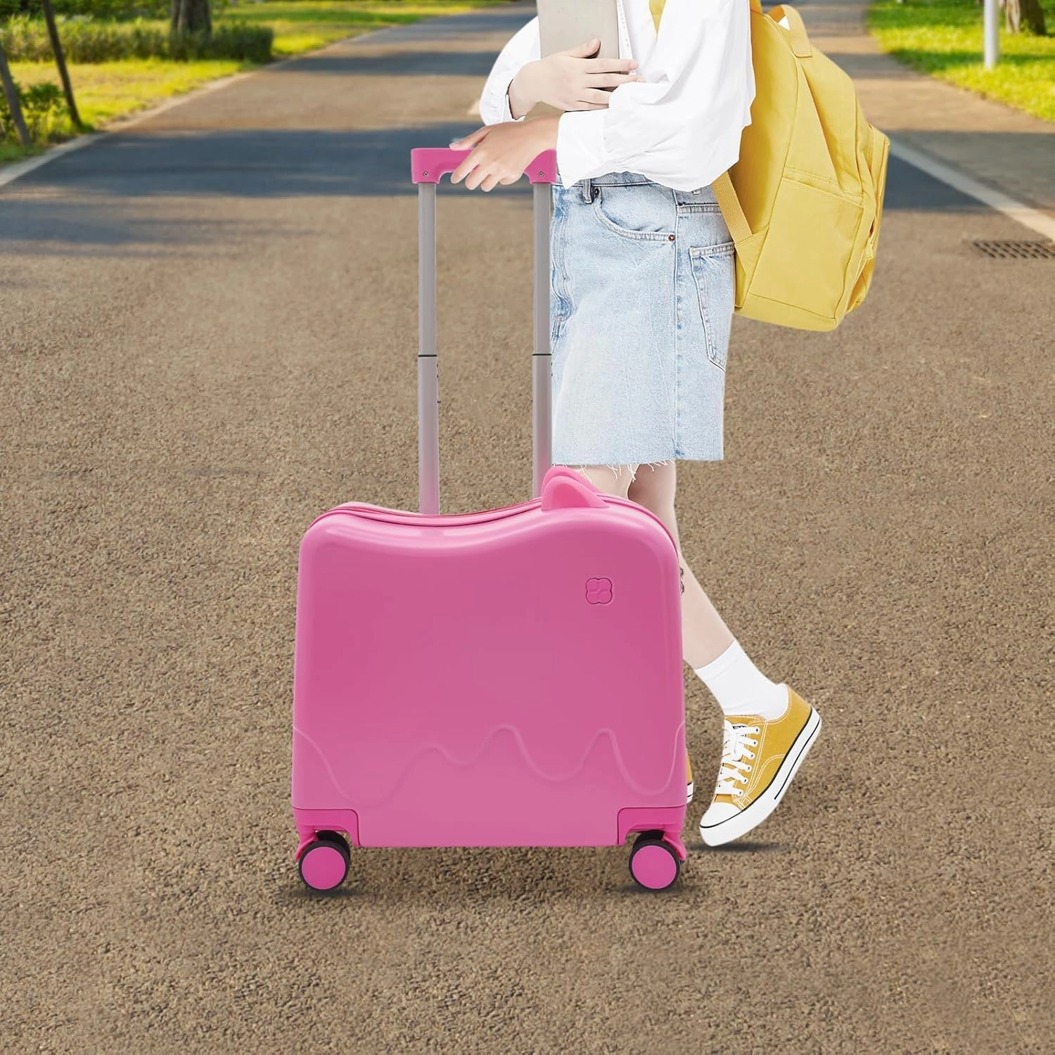 18" Kids Carry On Luggage, Ride-On Kids' Suitcase with Double Spinner Wheels, Cute Lightweight Tow-Along Luggage with Password Lock, Children's Trolly Case for Travel Study Tours (Pink)