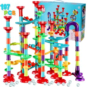 197Pcs Marble Run,Marble Maze Game Construction Building Blocks Toys for Kids,Marble Track Game Educational Learning Toy for Boys Girls Birthday Gifts(147 Parts  50 Glass Marbles)