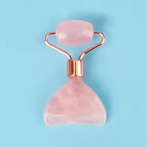2 in 1 Natural Rose Quartz Crystal Facial Massager Roller   Gua Sha Scraper Tool