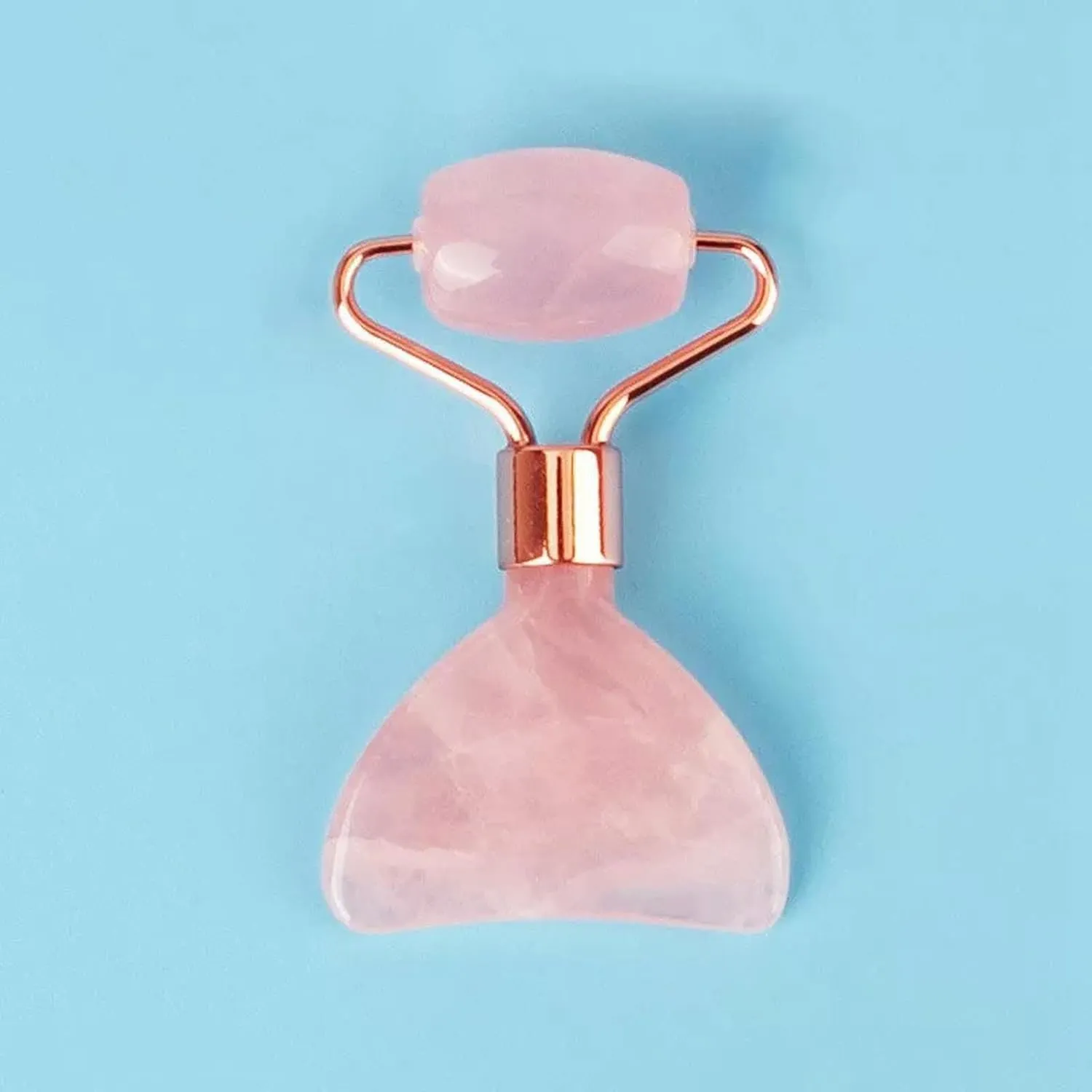 2 in 1 Natural Rose Quartz Crystal Facial Massager Roller   Gua Sha Scraper Tool