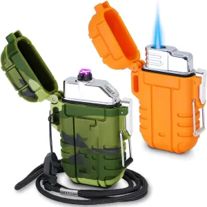 2 Pack Waterproof Lighter, Butane Electric Lighter Outdoor Windproof Flashlight Lighter Dual Arc Lighter, USB Rechargeable Lighter Flameless Plasma Lighter (Butane Not Included) (Orange)(Natural)