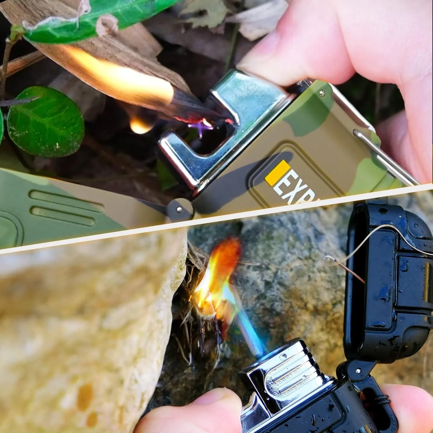 2 Pack Waterproof Lighter, Butane Electric Lighter Outdoor Windproof Flashlight Lighter Dual Arc Lighter, USB Rechargeable Lighter Flameless Plasma Lighter (Butane Not Included) (Orange)(Natural)