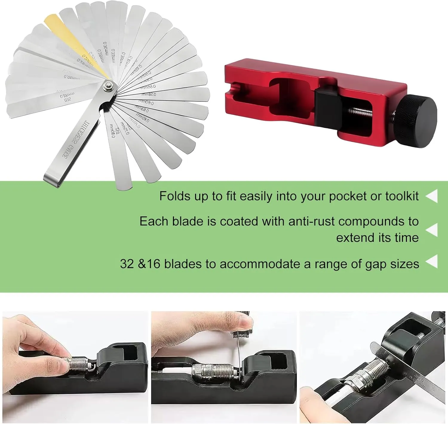 2 PCS Car Spark Plug Gap Tool, Spark Plug Gapper Adjustment with 32 Blades Feeler Gauge, Spark Plug Gap Setting Tool for Most 10mm 12mm 14mm 16mm Spark Plugs, Car Accessories (Red)