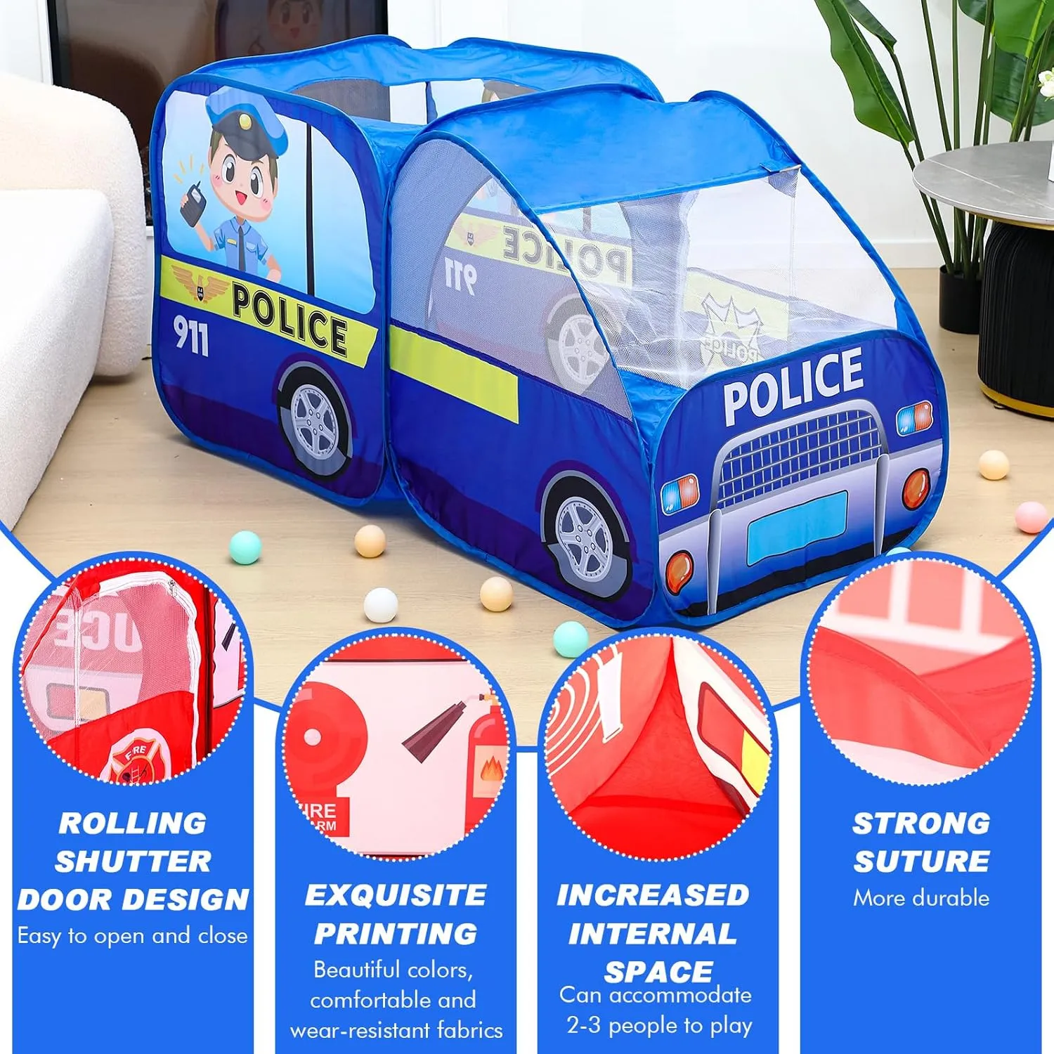 2 Pcs Pop up Play Tent for Kids Foldable Indoor and Outdoor Playhouse Vehicle Toys for Girls and Boys Fun Interesting Play Gift Prop (Red and Blue,Firetruck and Police)