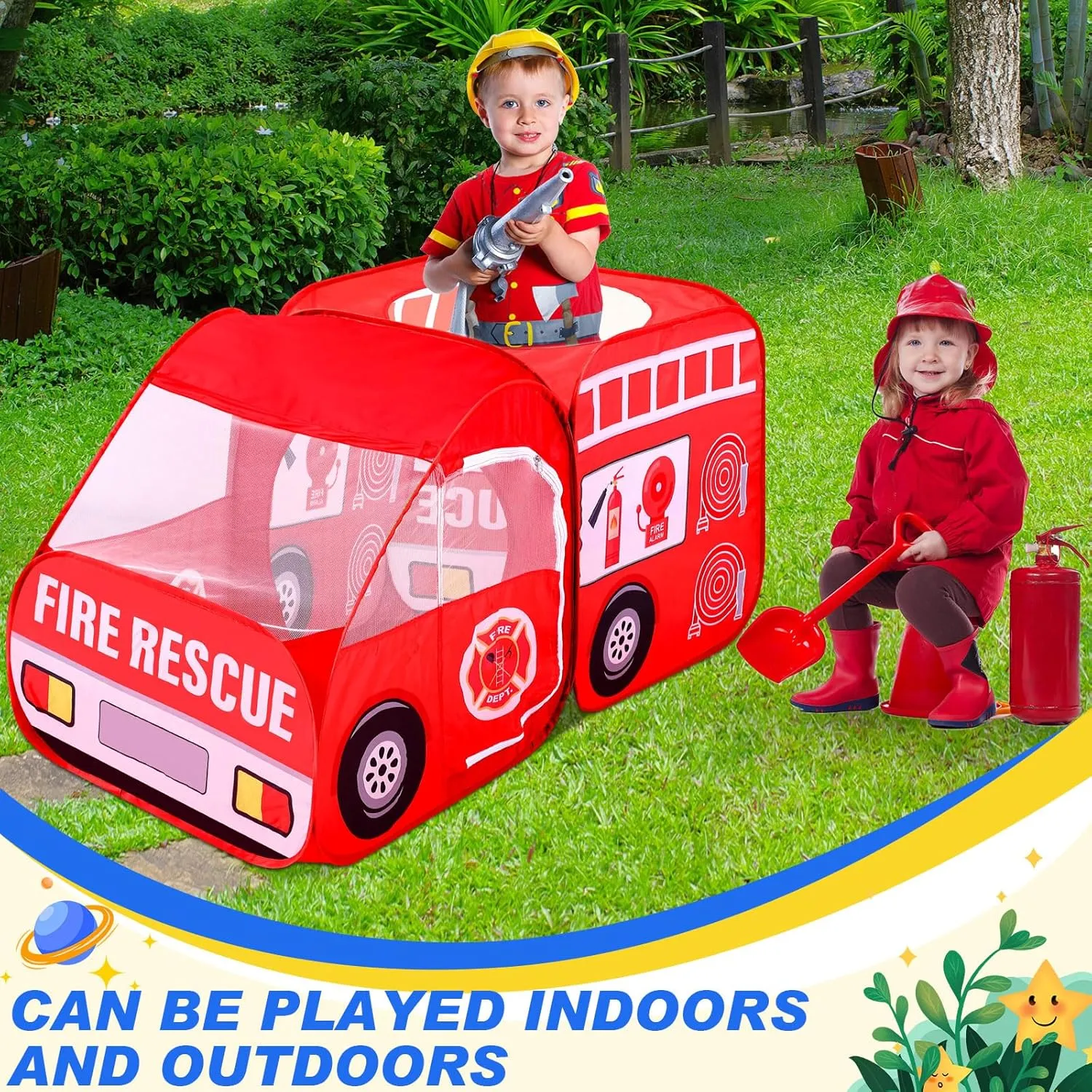 2 Pcs Pop up Play Tent for Kids Foldable Indoor and Outdoor Playhouse Vehicle Toys for Girls and Boys Fun Interesting Play Gift Prop (Red and Blue,Firetruck and Police)