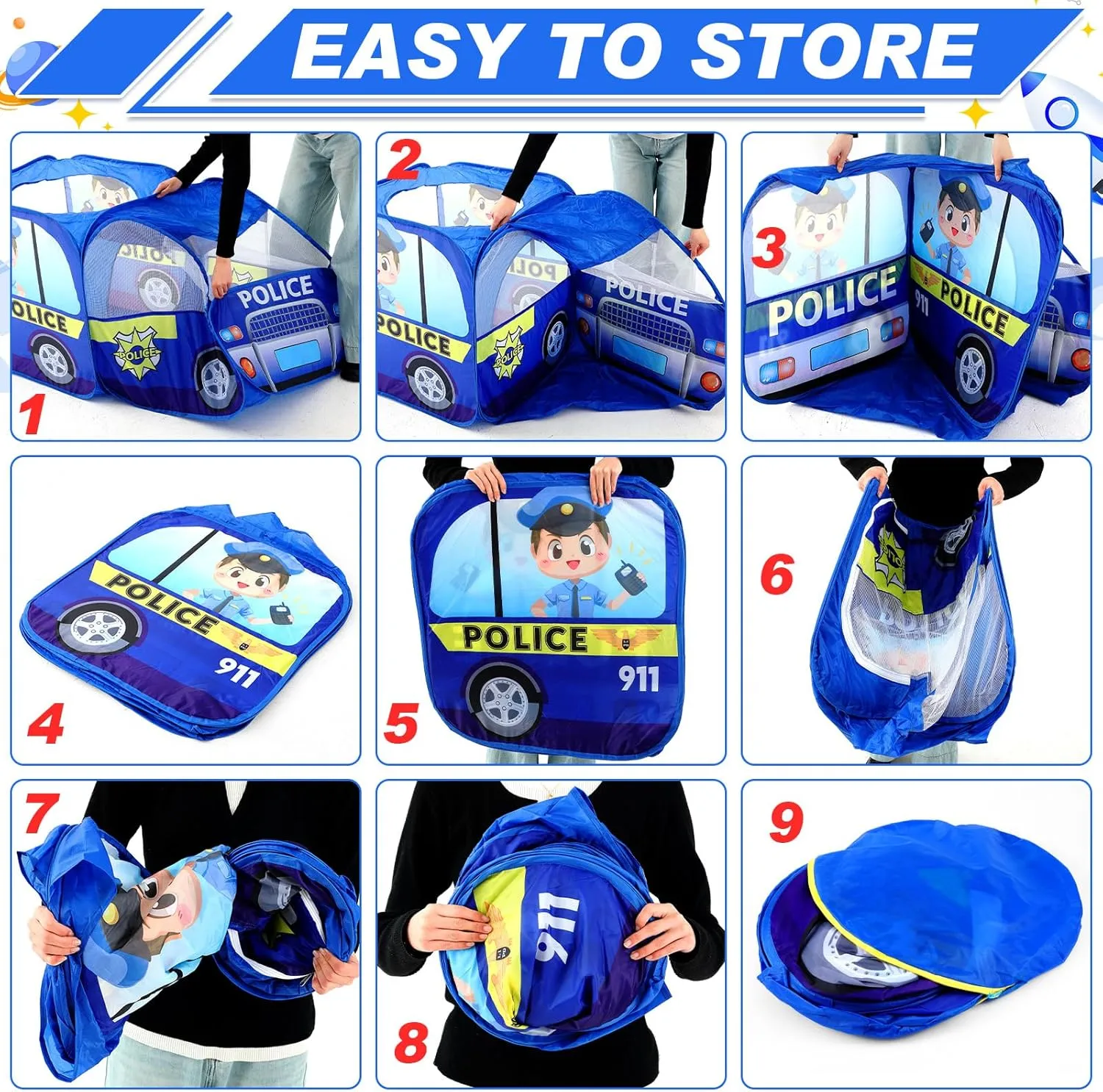 2 Pcs Pop up Play Tent for Kids Foldable Indoor and Outdoor Playhouse Vehicle Toys for Girls and Boys Fun Interesting Play Gift Prop (Red and Blue,Firetruck and Police)