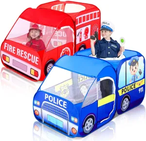 2 Pcs Pop up Play Tent for Kids Foldable Indoor and Outdoor Playhouse Vehicle Toys for Girls and Boys Fun Interesting Play Gift Prop (Red and Blue,Firetruck and Police)