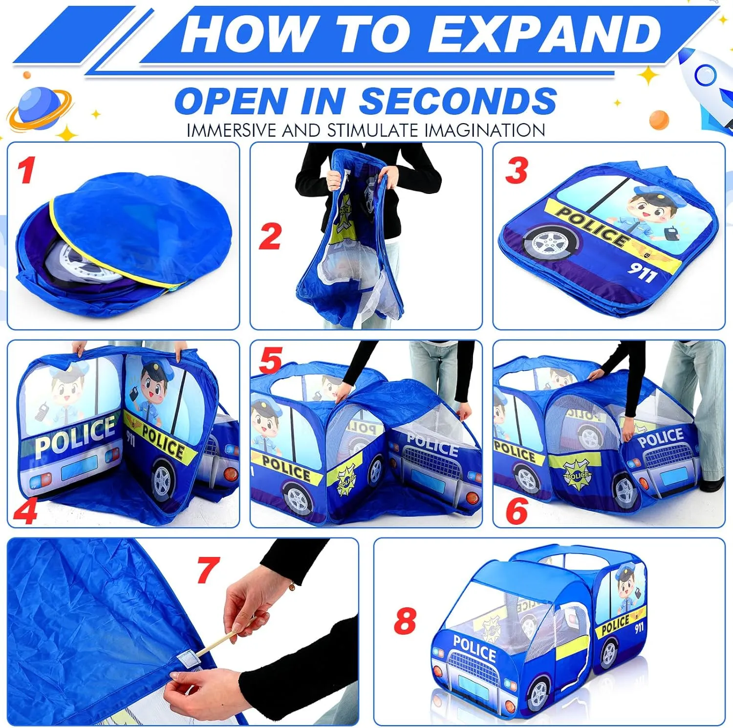 2 Pcs Pop up Play Tent for Kids Foldable Indoor and Outdoor Playhouse Vehicle Toys for Girls and Boys Fun Interesting Play Gift Prop (Red and Blue,Firetruck and Police)